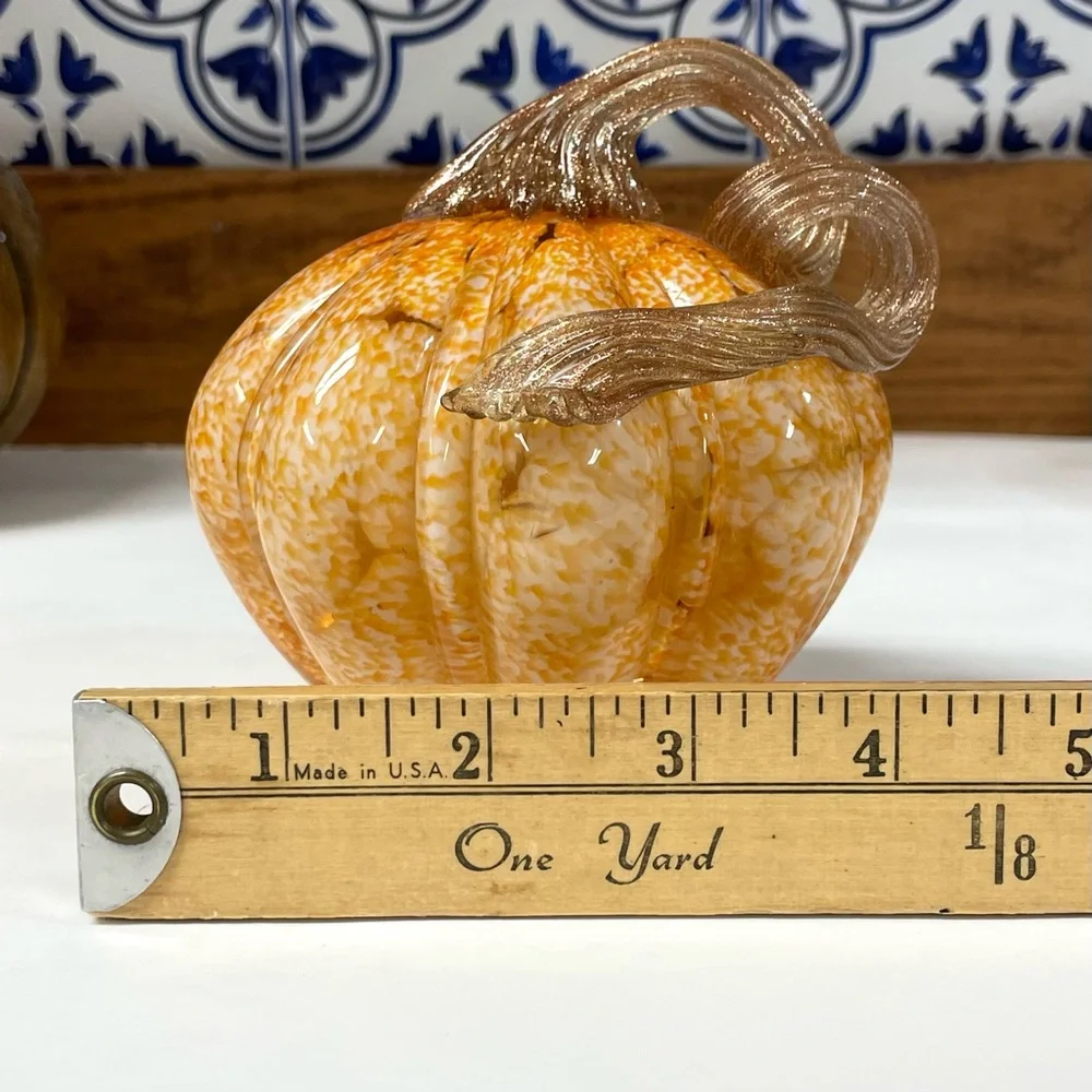 Pier 1 Hand Blown Orange Speckled Glass Pumpkin Glittering Gold Stem Fall Decor